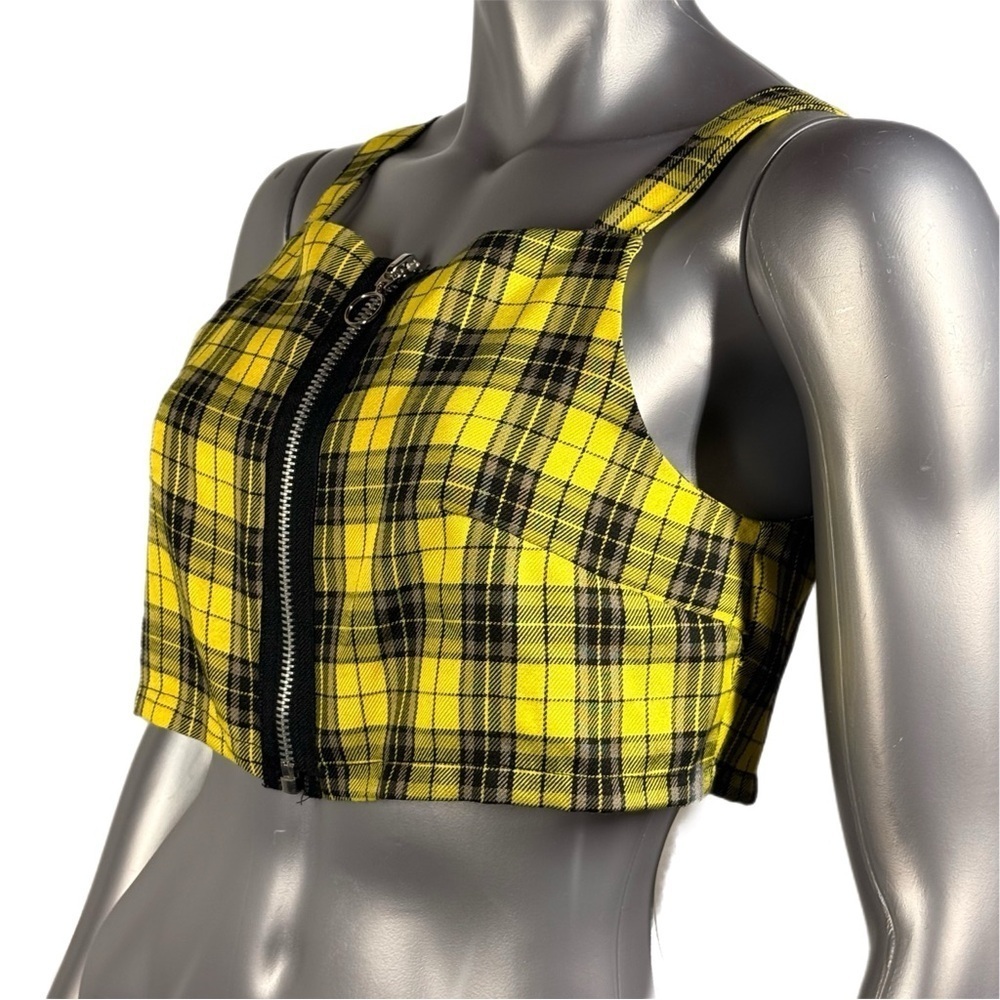 The Ragged Priest | Yellow Black Plaid Zip Up Crop Tank Top - Picture 4 of 12